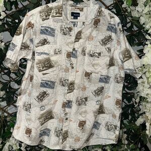 Basic Editions Men's White and Blue Map Print Shirt